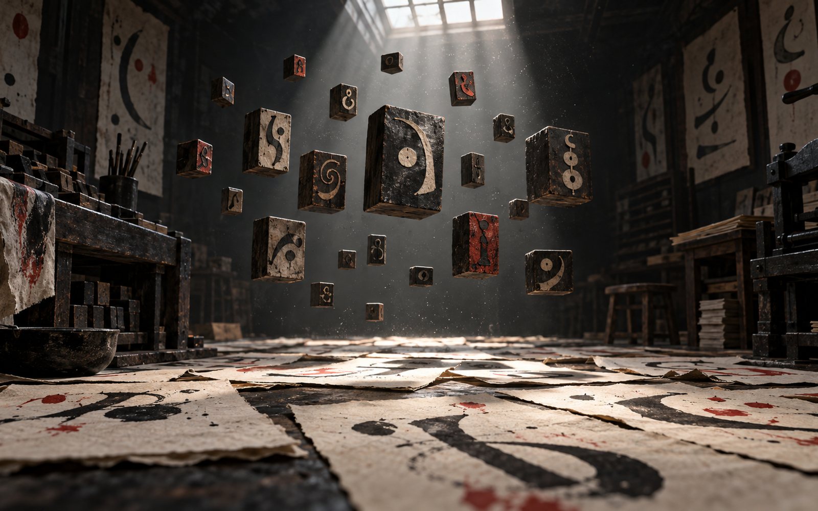 Made With Models illustration of levitating type blocks above sheets of invented glyphs in a dark printmaker’s studio; this is not a frame from the work.