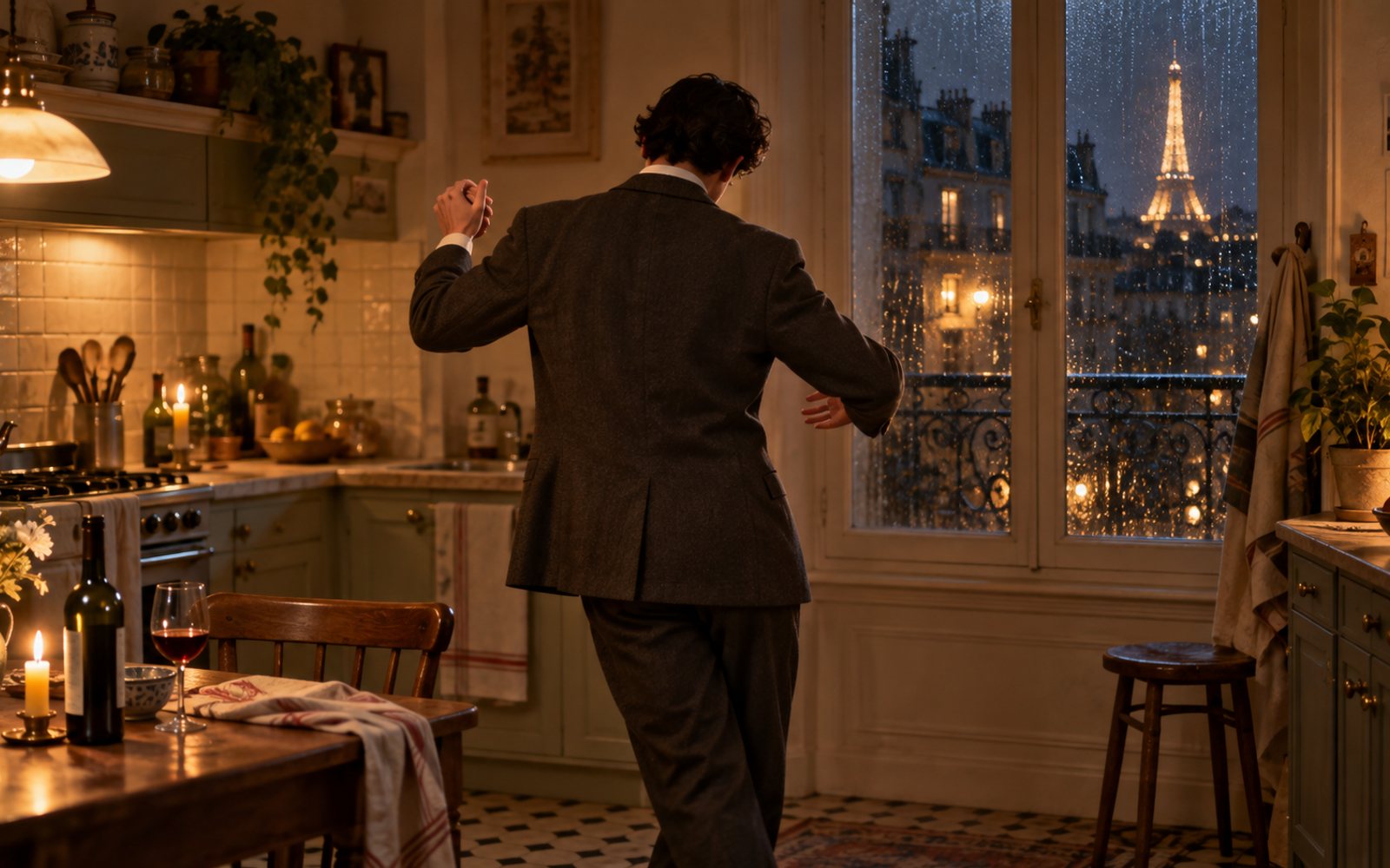 Made With Models illustration of a man in an old suit dancing with an empty space in a warm Paris kitchen at night; this is not a frame from the film.