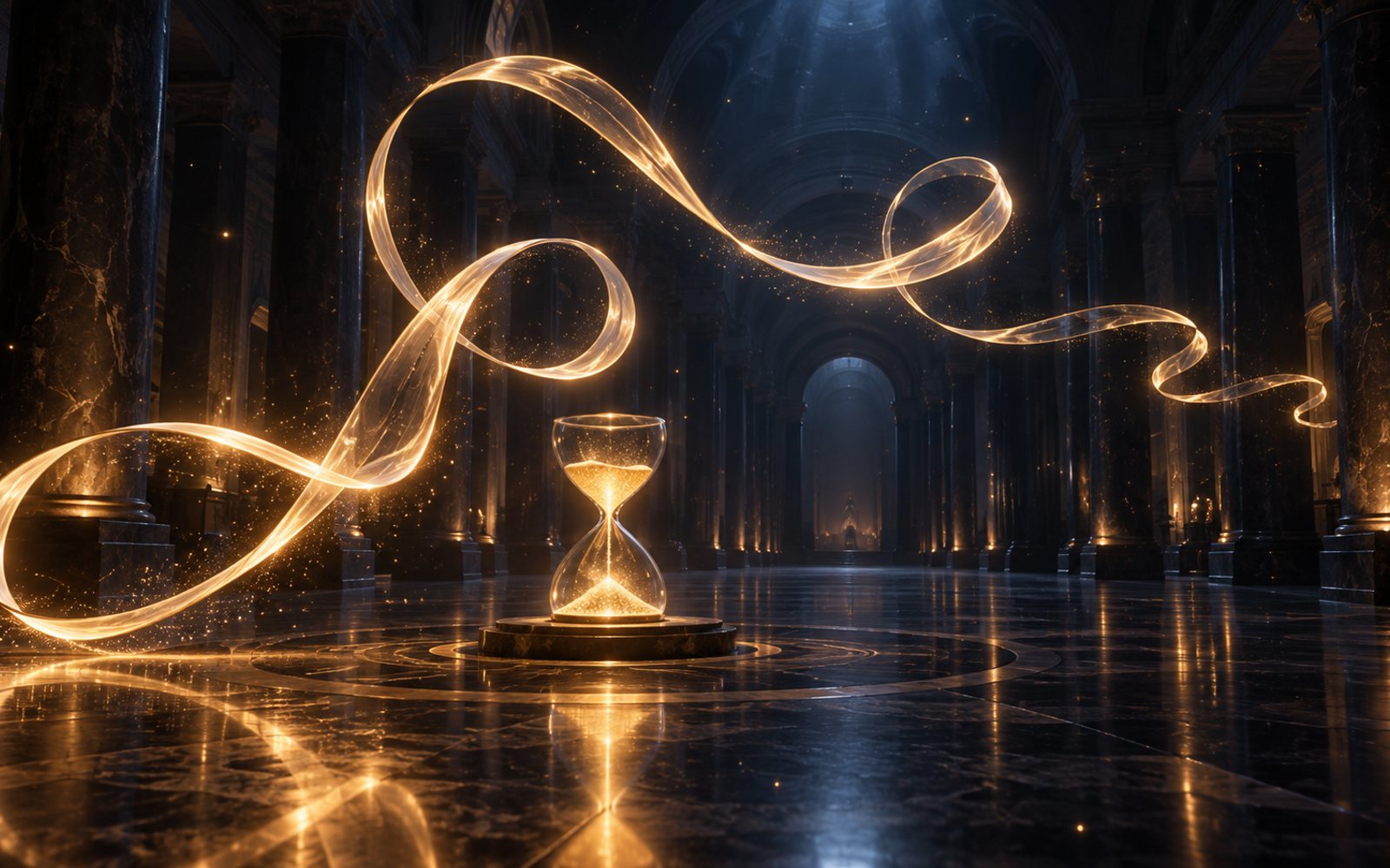 Made With Models illustration of one endless ribbon of luminous calligraphic light coiling through a dark museum hall in looping script-like arcs with no readable characters; this is not a capture of the poem.