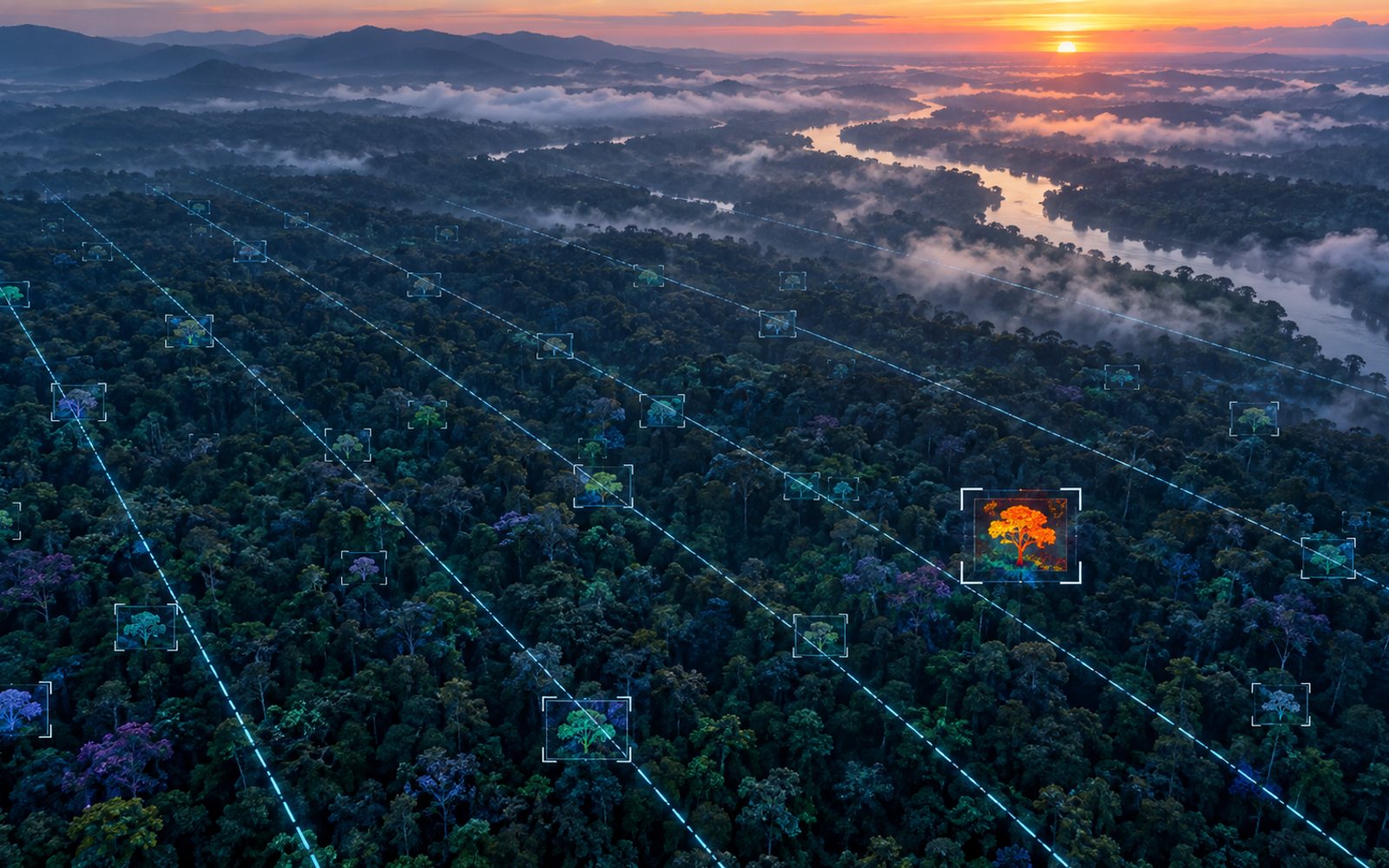 Made With Models illustration of an aerial survey grid over dark forest canopy with one heat-map plant glowing inside a detection frame; this is not a frame from the installation.