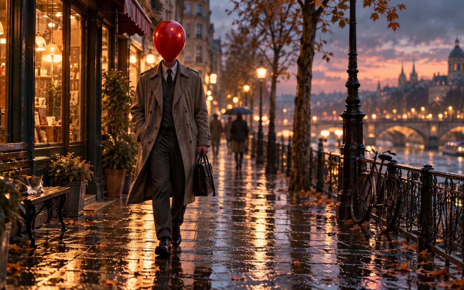 Made With Models illustration of a man with a red balloon for a head walking a rain-slick city street at dusk; this is not a frame from the film.