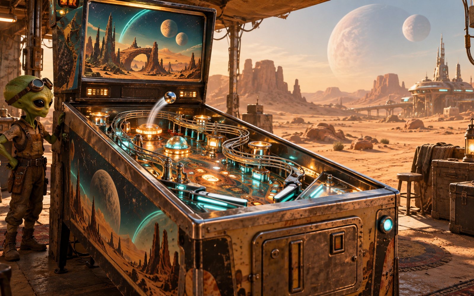 Made With Models illustration of a retro sci-fi pinball table on a dusty planet; this is not a frame from the game.