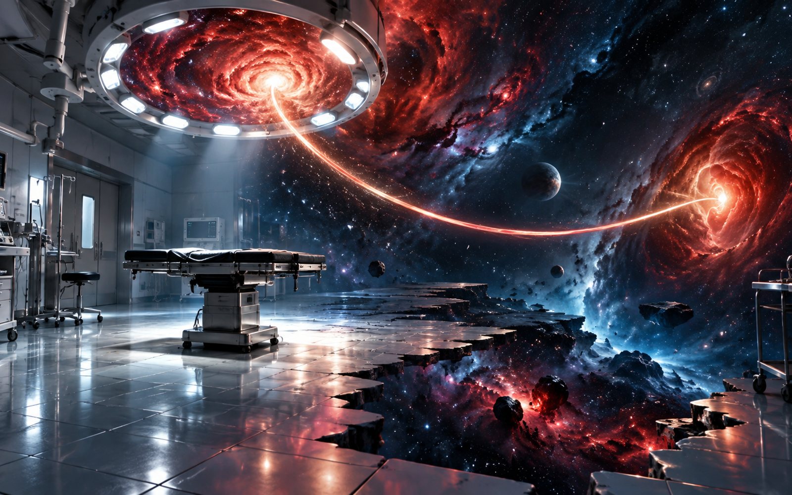 Made With Models illustration of an empty operating theatre opening into deep space beneath a nebula of surgical light and one warm arc toward a distant heartbeat glow; this is not a frame from the film.