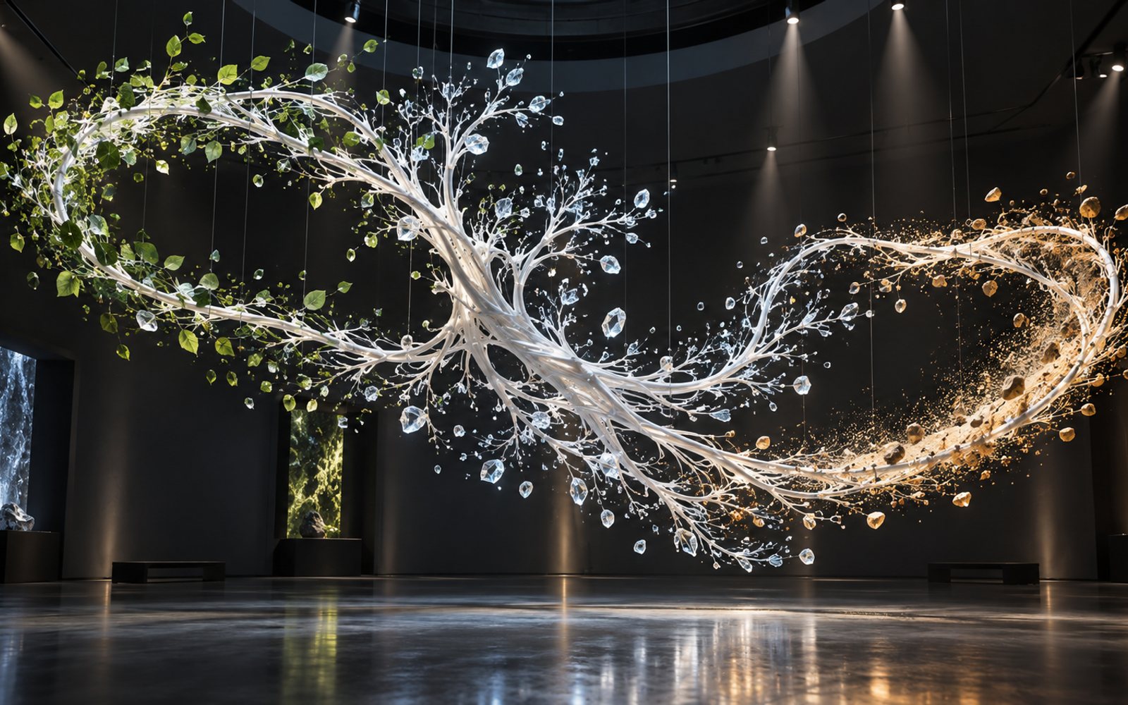 Made With Models illustration of a suspended white filament sculpture tracing one luminous gesture in a dark gallery, with motes of leaf, ice and sand spiralling along its branches; this is not a photo of the sculpture.