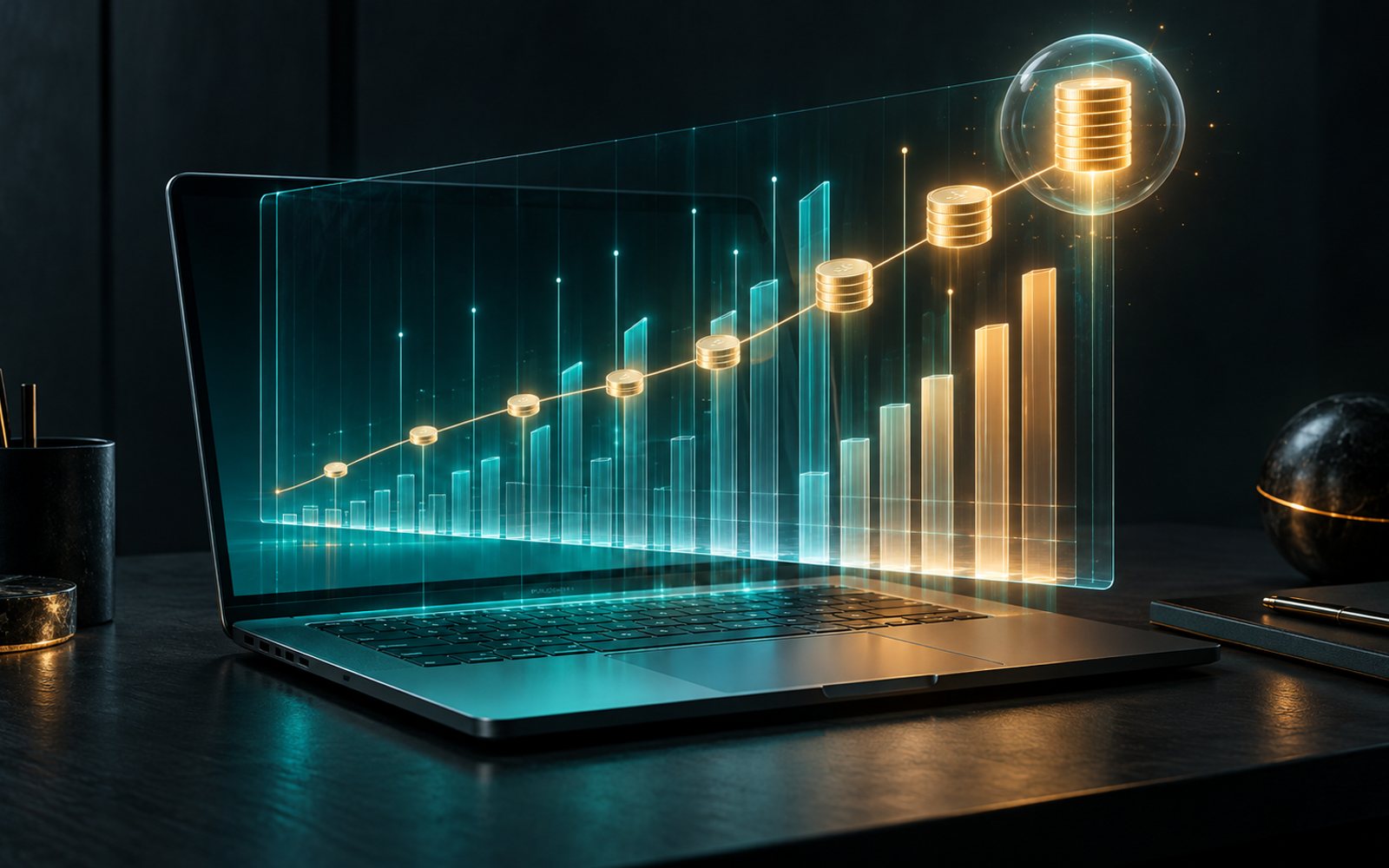 Made With Models illustration of a transparent ledger of light above a dark desk, luminous bars rising like a skyline from an open laptop as coins of light stack along a timeline; this is not a screenshot of the tool.