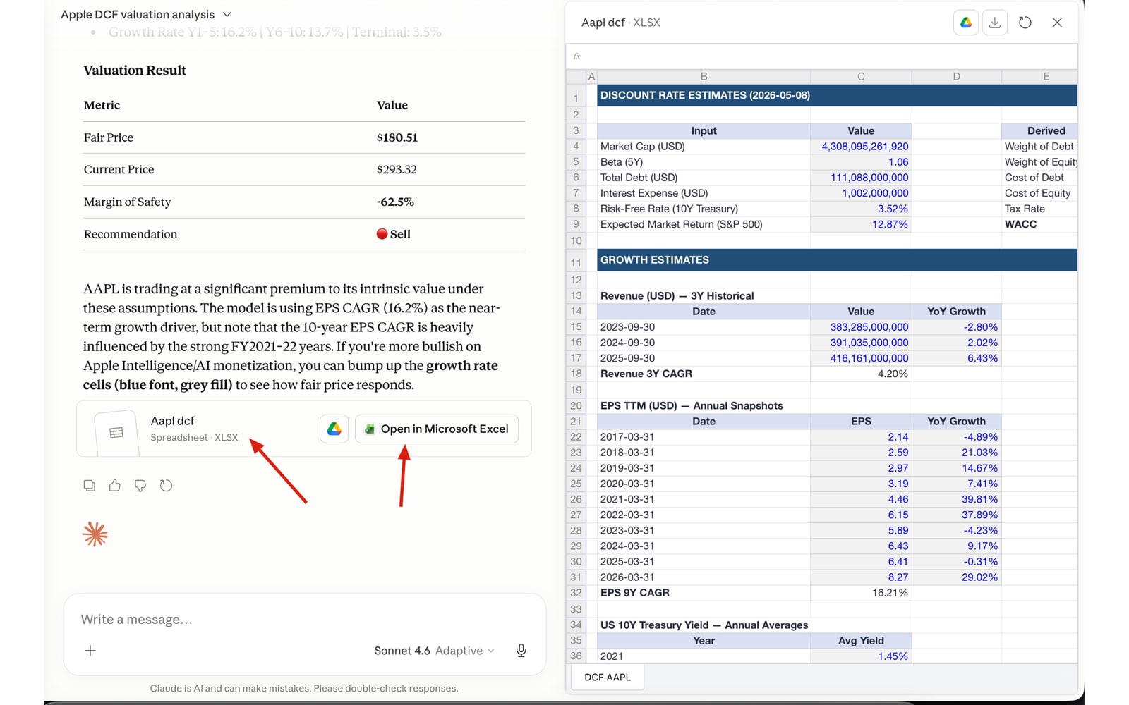 Defeat Beta's AAPL DCF workbook with discount-rate inputs, projections and valuation sections.