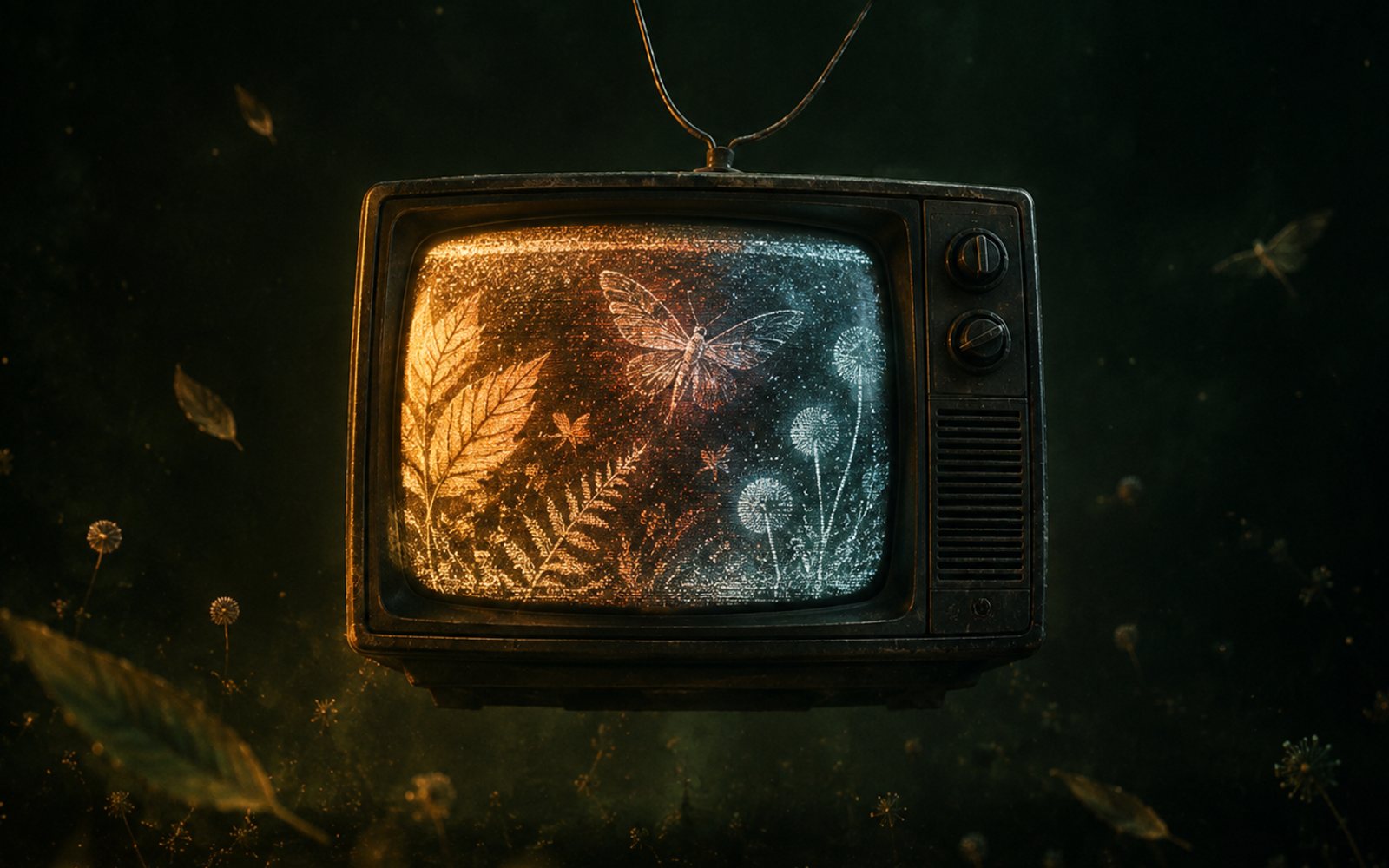Made With Models illustration of a 1980s CRT television floating in a dark field, its antenna bent like a tuning fork, leaves, wings and spores resolving out of static on the phosphor screen; this is not a photo of the installation.