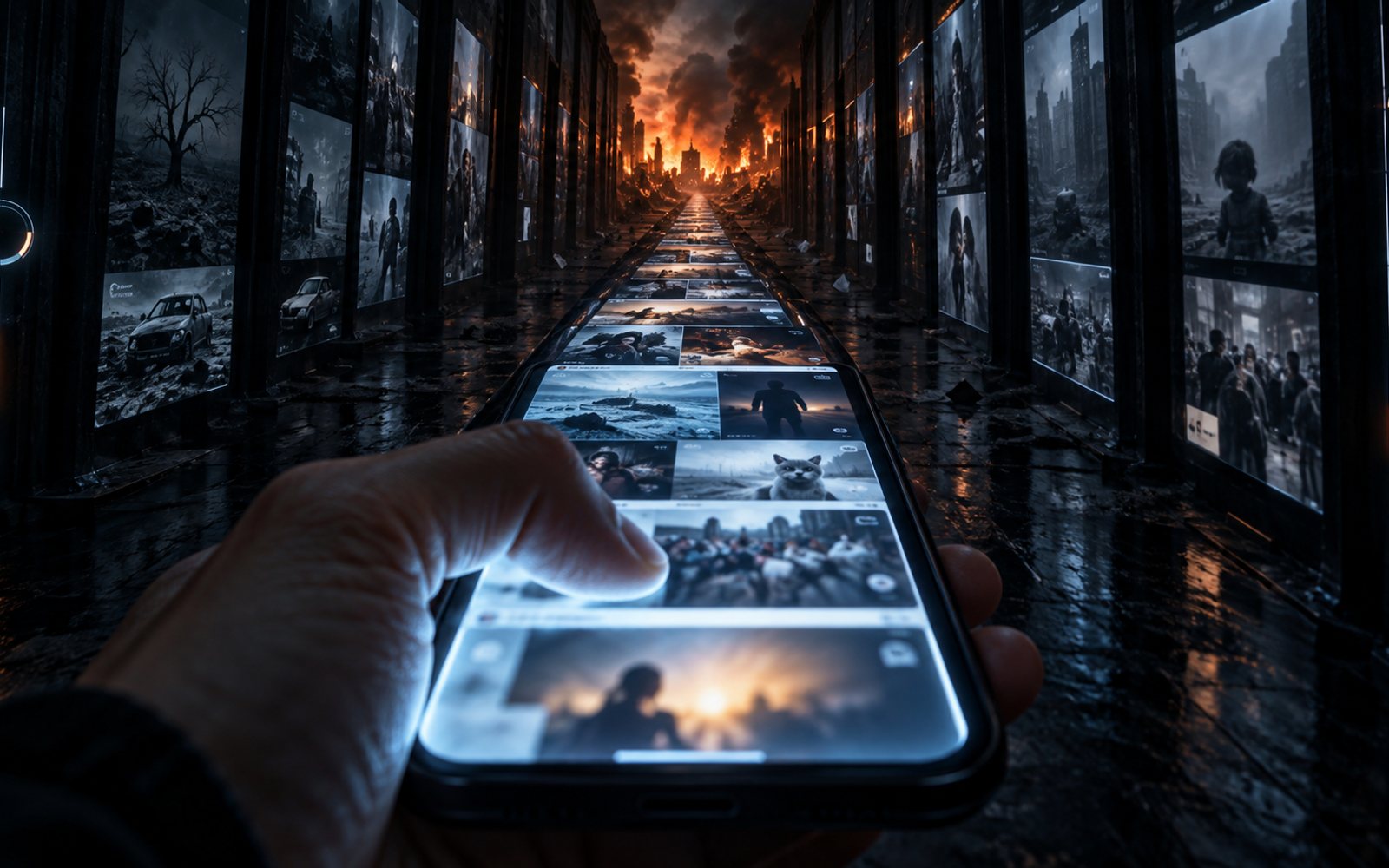 Made With Models illustration of a hand scrolling a phone whose screen spills into a dark fiery corridor with a faint survival HUD; this is not a screenshot of the game.