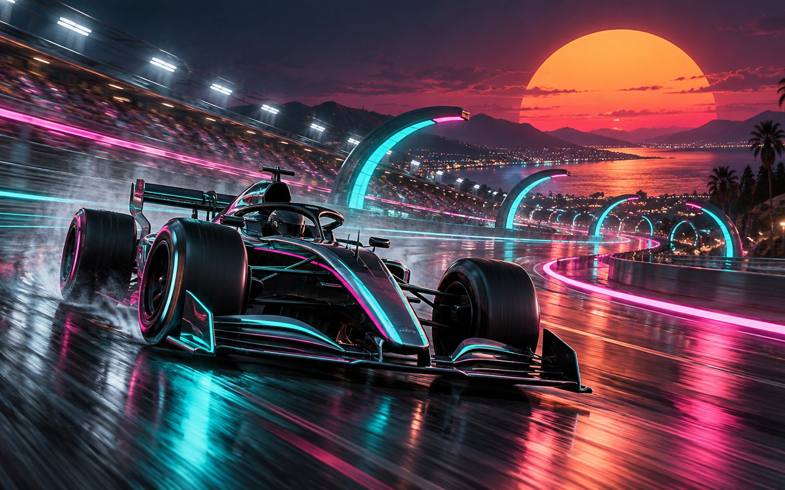 Made With Models illustration of a low-slung open-wheel racer sweeping a neon-edged night circuit, glowing gates arcing toward the horizon, grandstand lights streaked by speed; this is not a screenshot of the game.