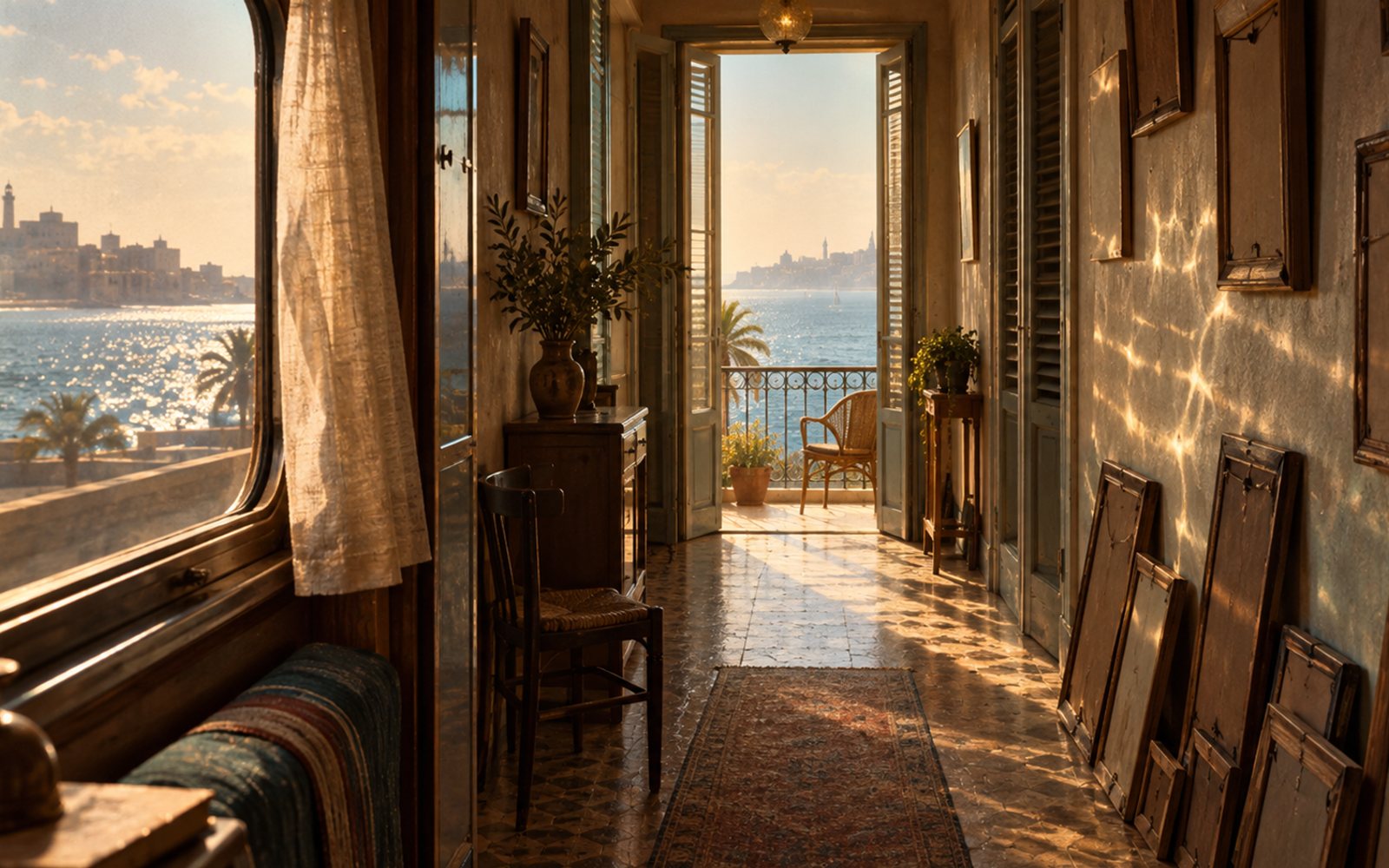 Made With Models illustration of a sunlit 1970s apartment corridor opening onto a hazy sea, a night train window with a half-drawn curtain, framed photographs turned away from view; this is not a frame from the film.