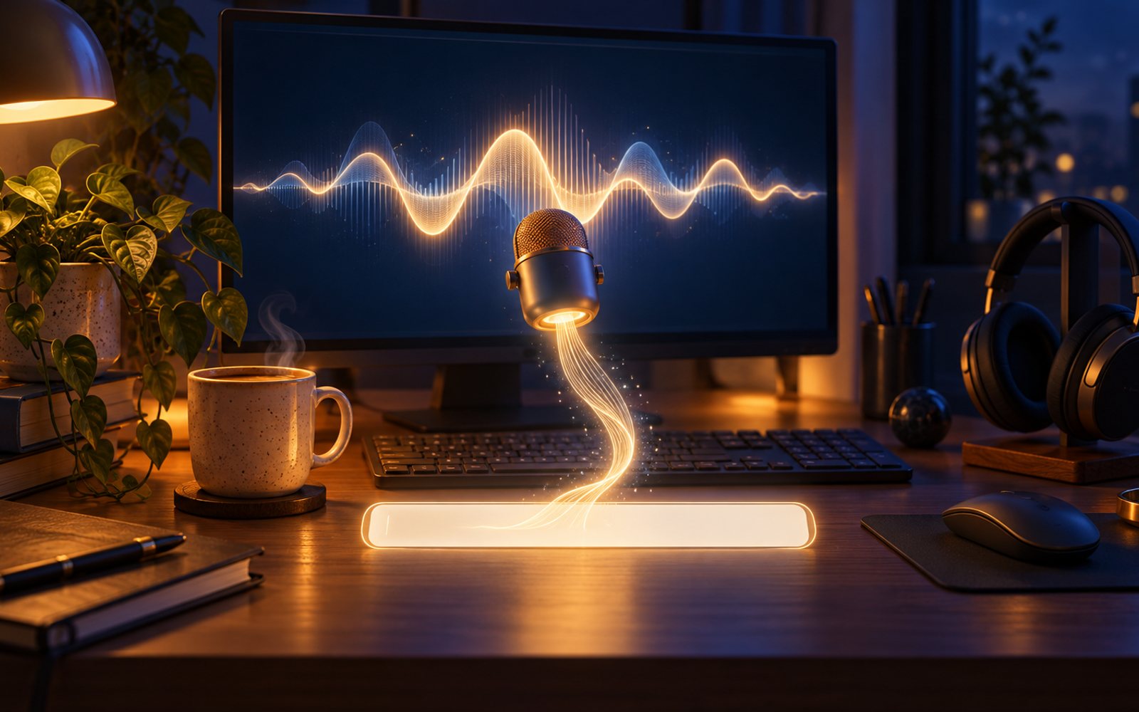 Made With Models illustration of a quiet desk at night, a floating microphone pouring a clean waveform into an open text field; this is not a screenshot of the app.