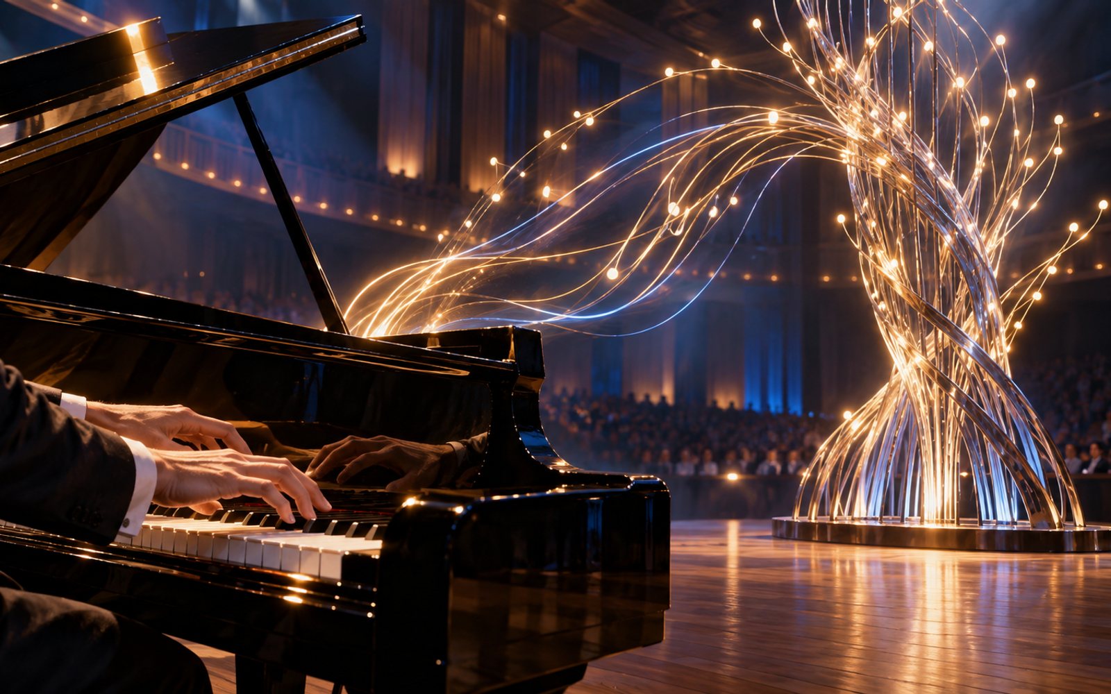 Made With Models illustration of a grand piano on stage beside a kinetic light sculpture weaving glowing chords toward it; this is not a photo from the performance.