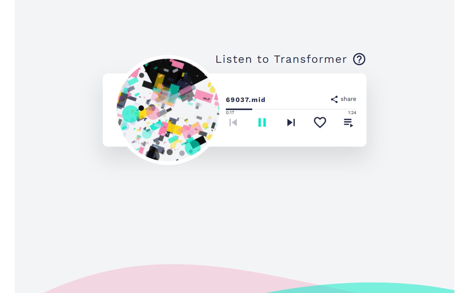 Listen to Transformer playing piano sample 69037 with a colourful note-based album cover.