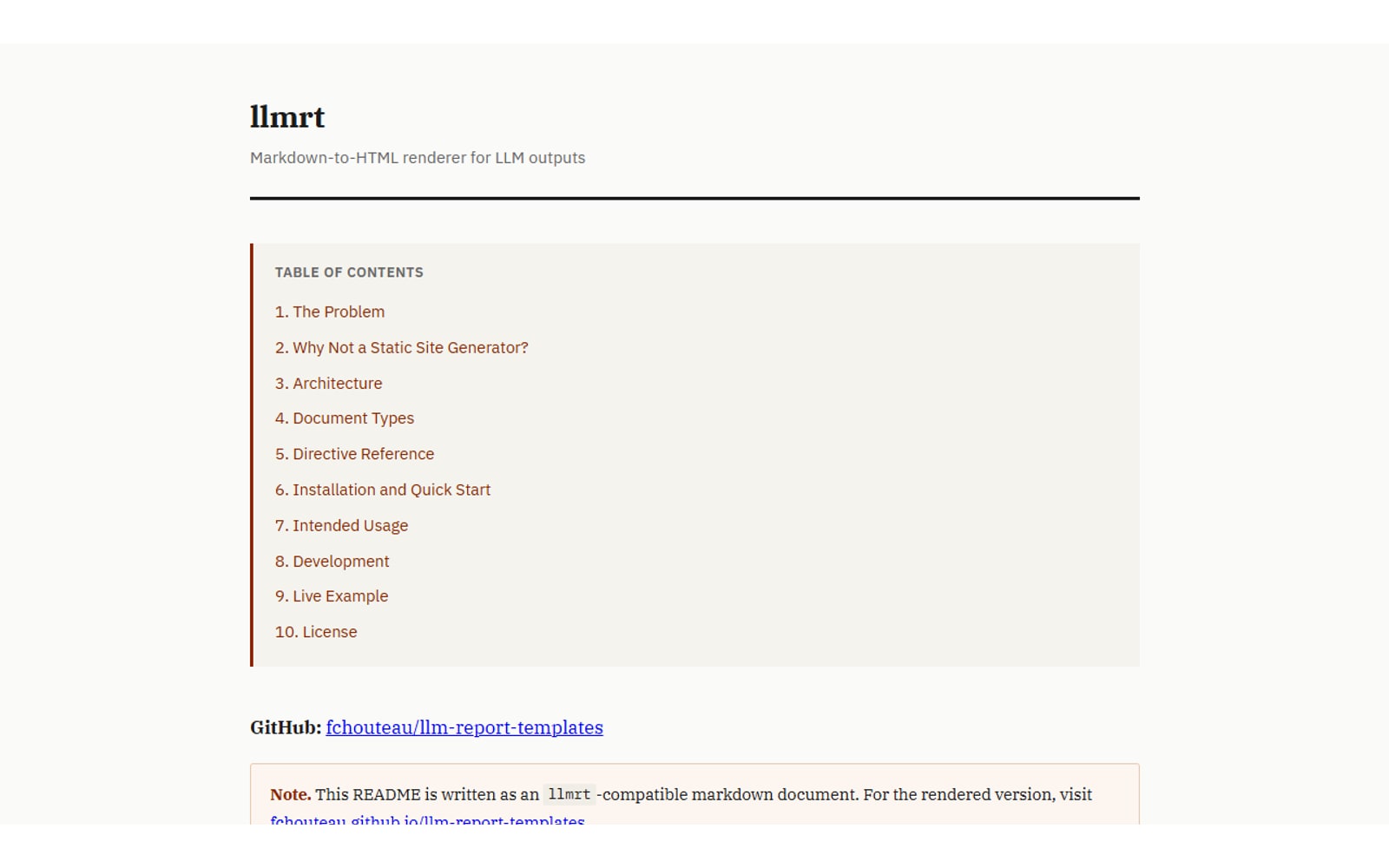 Rendered LLM Report Templates documentation with report typography, tables and callouts.