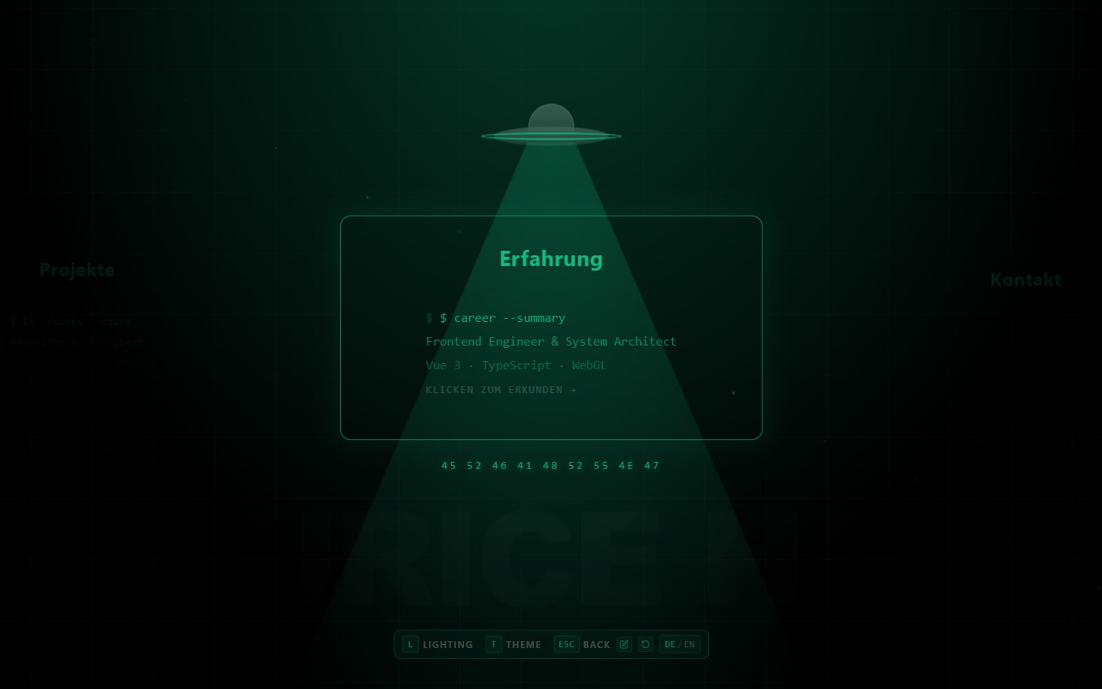 Maurice-H's dark green WebGL portfolio with a spotlight over the Experience panel.