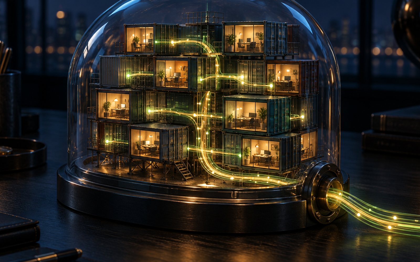 Made With Models illustration of a glass dome housing a lattice of miniature shipping containers, each a tiny glowing office, a bright message thread pulsing between them toward a sealed hatch; this is not a screenshot of the product.