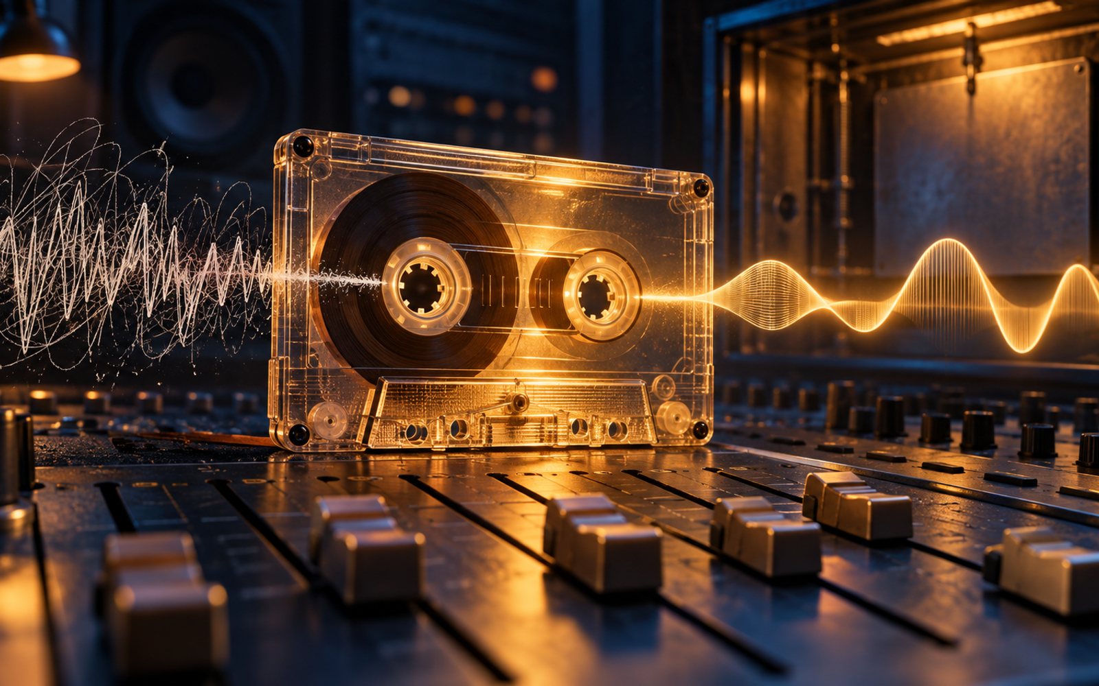 Made With Models illustration of a vintage cassette on an analogue studio console turning a noisy pencil-scrawl waveform into one clean amber ribbon; this is not a photo of the session.