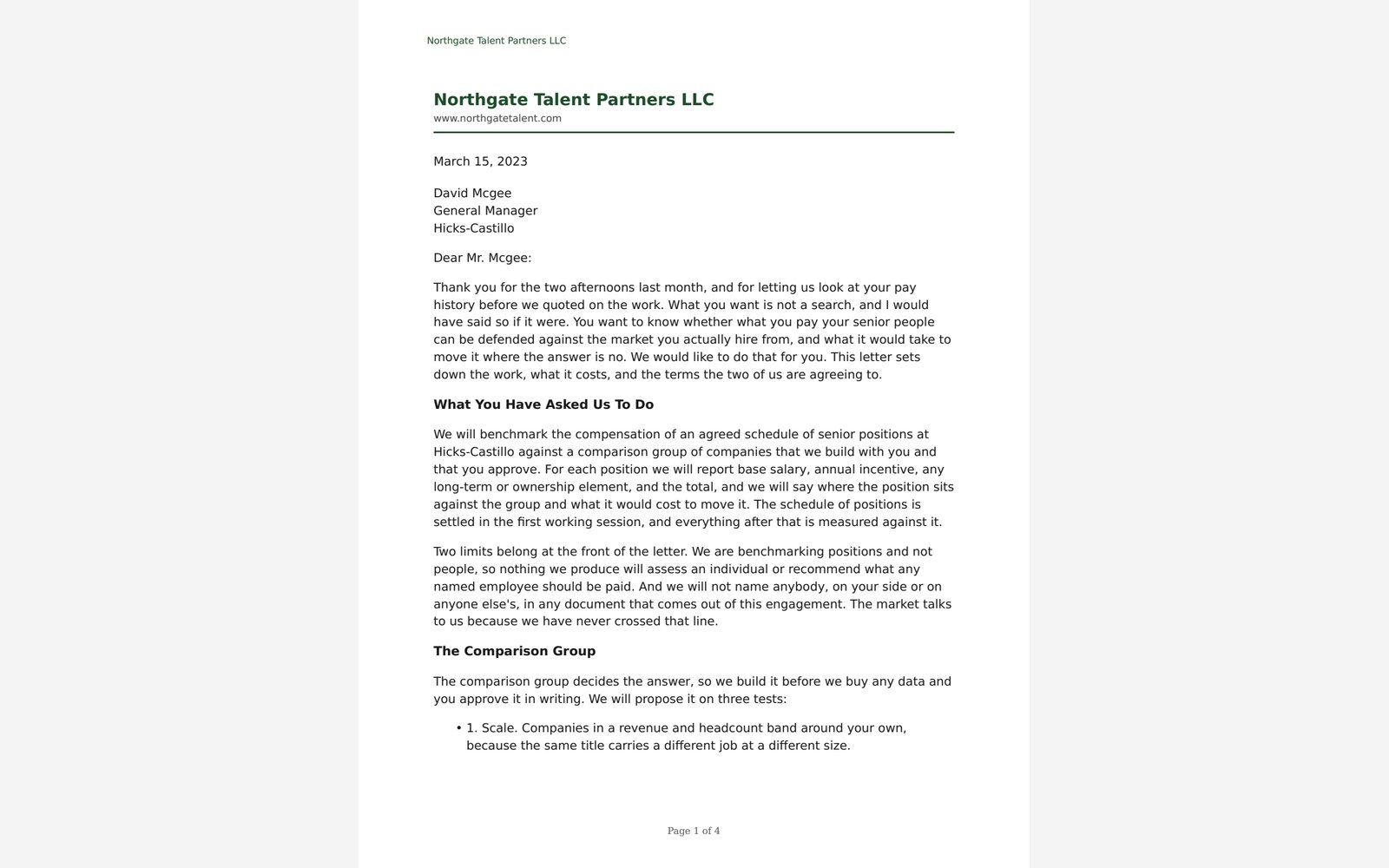 A page from an OrgSmith engagement letter. Northgate and the people in this document are fictional test data.