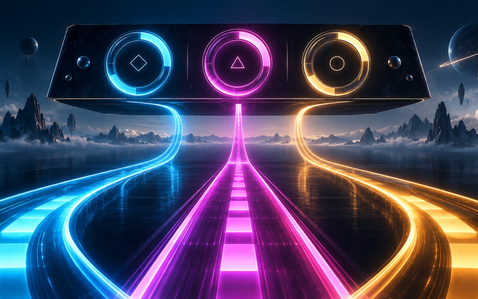 Made With Models illustration of three glowing racetrack lanes under a floating scoreboard with weighted score rings; this is not a screenshot of the tool.