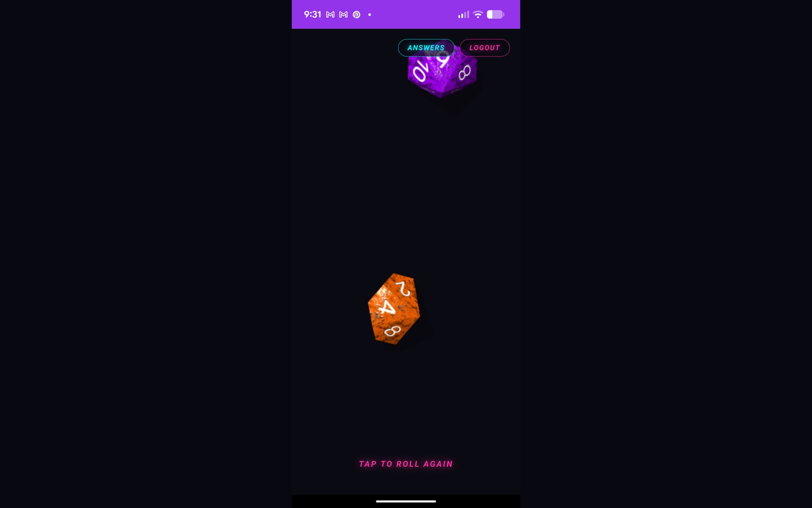 Question Roller's phone view with two colourful 3D dice and a Tap to Roll Again prompt.