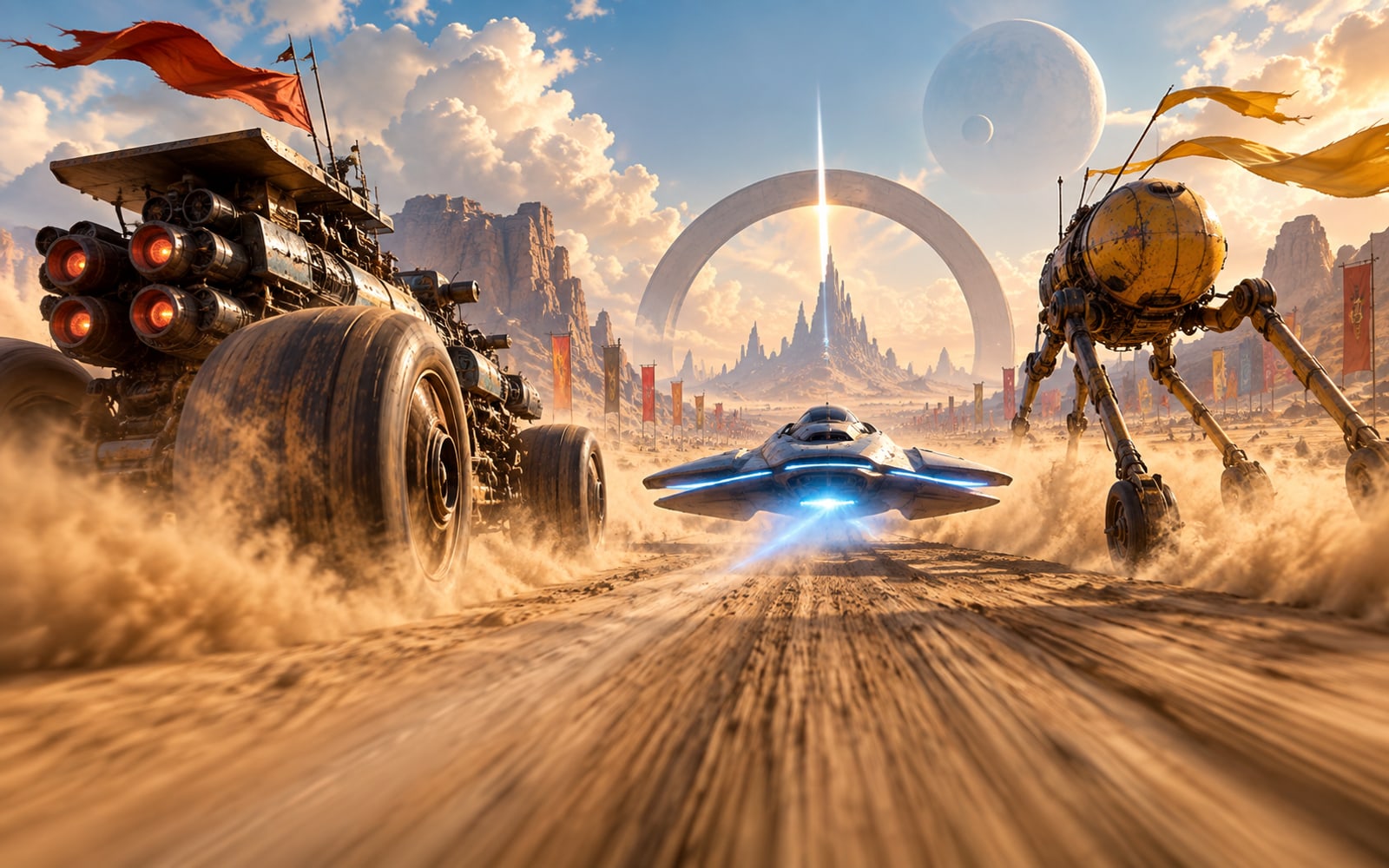 Made With Models illustration of three fictional futuristic vehicles in a desert race; this is not a frame from the video.