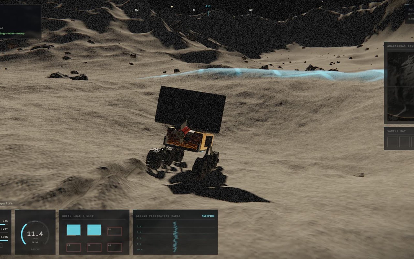 A six-wheel rover drives across a lunar crater while a blue radar sweep crosses the terrain in REGOLITH.