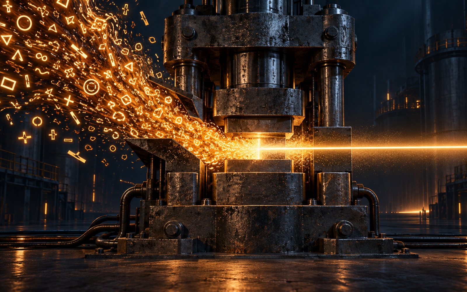 Made With Models illustration of a torrent of glowing terminal output compressed by a heavy metal press into one clean beam of light; this is not a screenshot of the tool.
