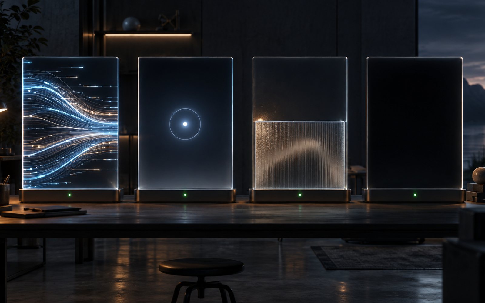 Made With Models illustration of four glowing terminal windows in a dark workshop showing different session states; this is not a screenshot of the tool.