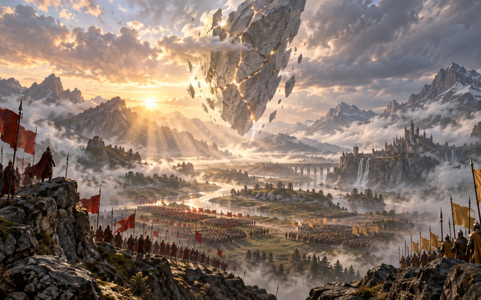 Made With Models illustration of a floating stone shard above a fantasy battlefield; this is not a frame from the game.