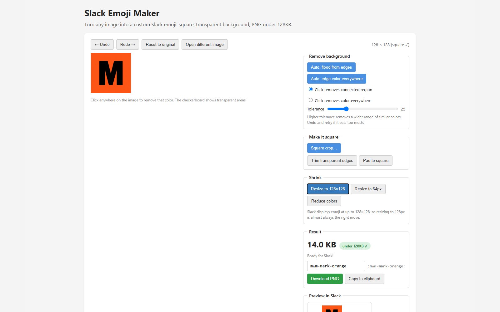 The Slack Emoji Maker with our orange M logo, image controls and a PNG download button.