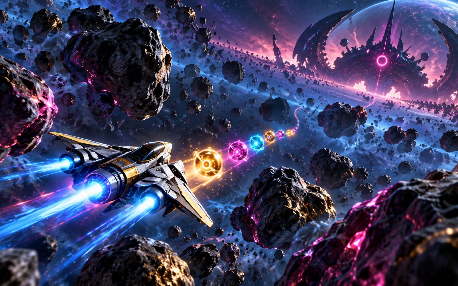 Made With Models illustration of a lone starfighter weaving through a neon asteroid field, stacked power-up orbs trailing in its wake, a mini-boss silhouette looming at the horizon; this is not a screenshot of the game.