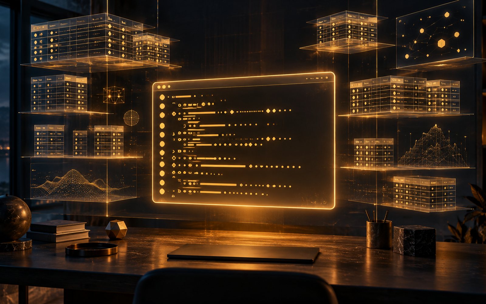 Made With Models illustration of a glowing terminal window showing database tables; this is not a screenshot of the tool.