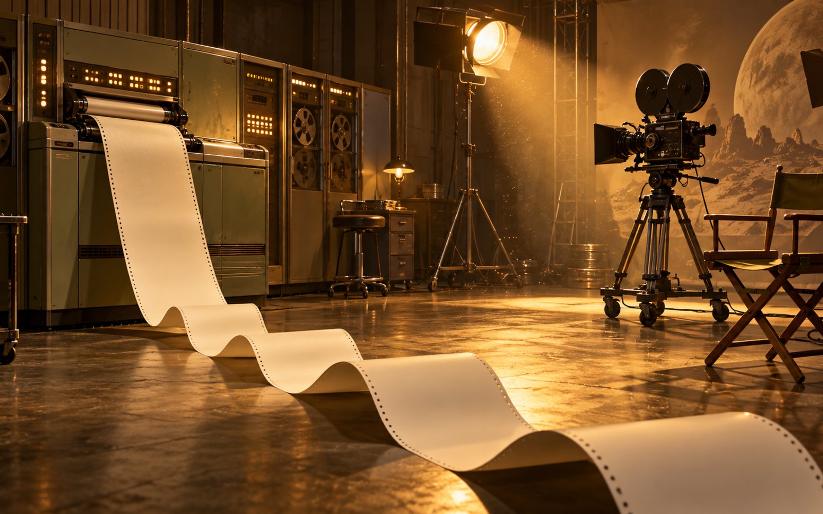 Made With Models illustration of a retro mainframe printer spooling a long screenplay toward a film camera and an empty director’s chair; this is not a frame from the film.
