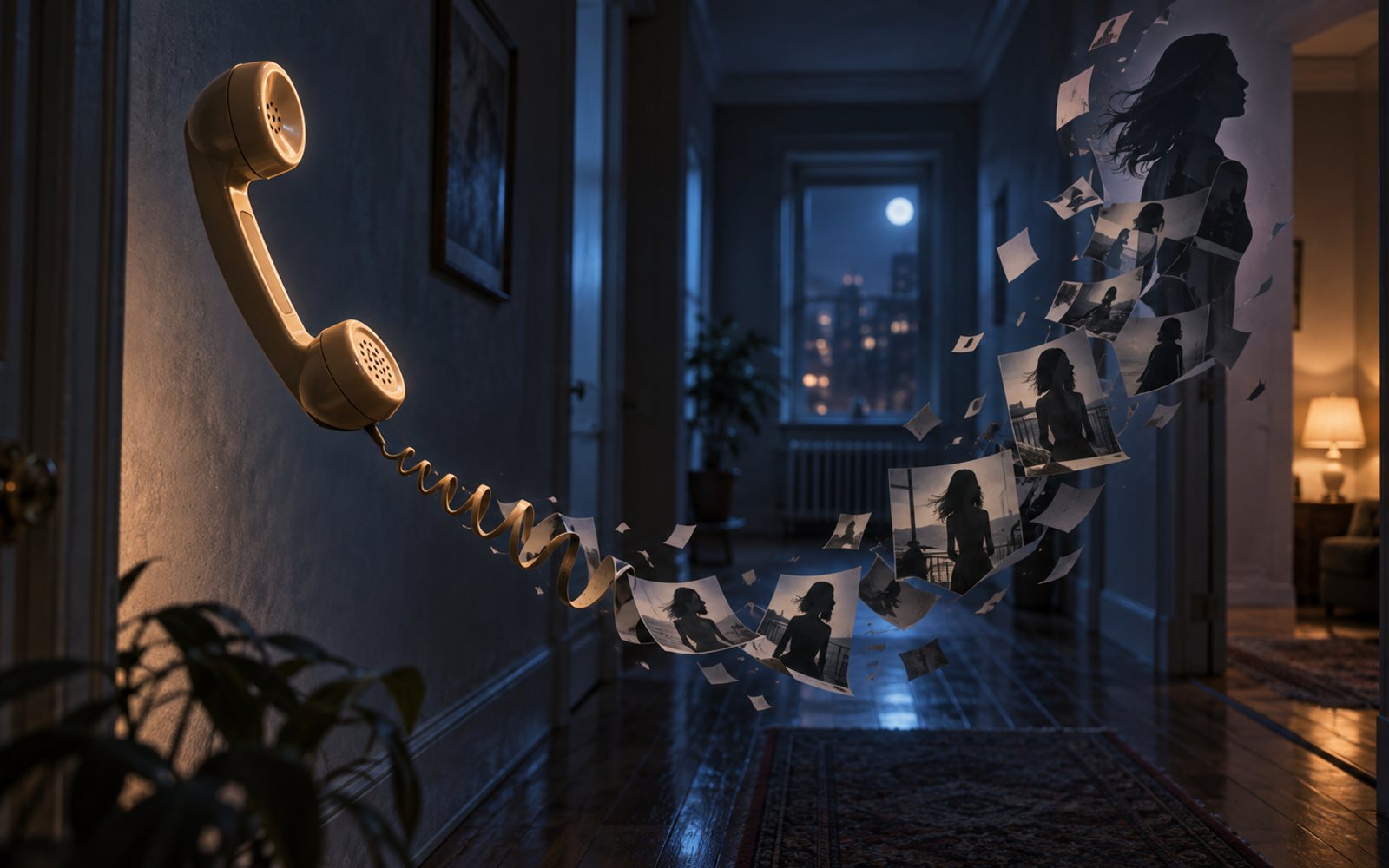Made With Models illustration of a vintage telephone handset floating in a dim hallway as its cord dissolves into photographic fragments; this is not a frame from the film.