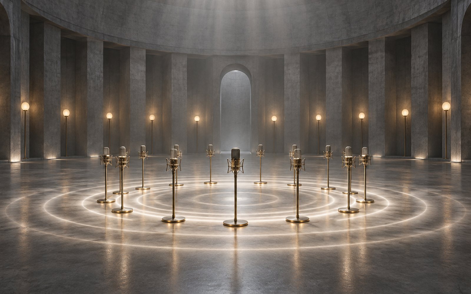 Made With Models illustration of a ring of empty microphones in a resonant concrete hall, waves of choral light rippling outward from the circle, fifteen small lamps glowing along the walls; this is not a photo of the installation.