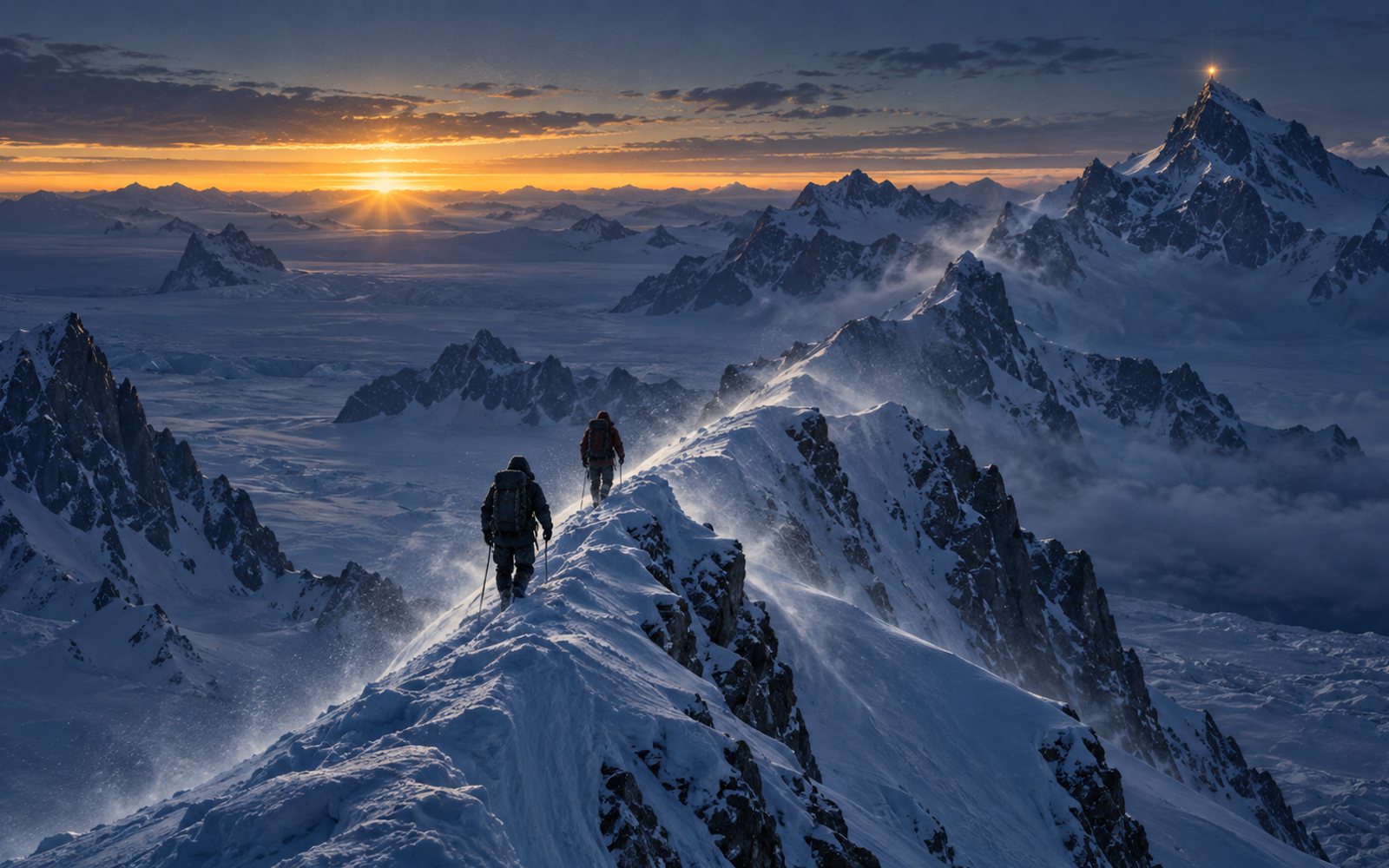 Made With Models illustration of figures crossing an Antarctic ridge toward a distant light; this is not a frame from the film.