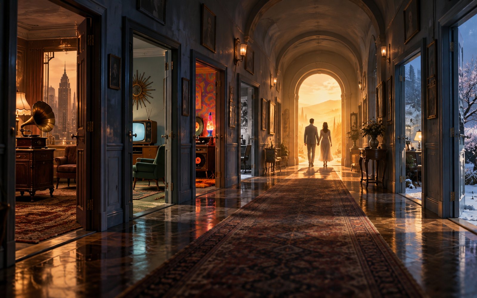 Made With Models illustration of a dreamlike corridor bending through decades toward a warm doorway; this is not a frame from the video.