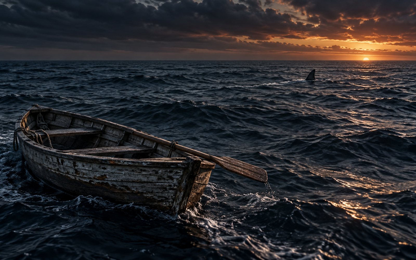 Made With Models illustration of a small wooden lifeboat adrift on a vast dark ocean at dusk, one oar across the gunwale and a distant fin cutting the surface; this is not a frame from the film.