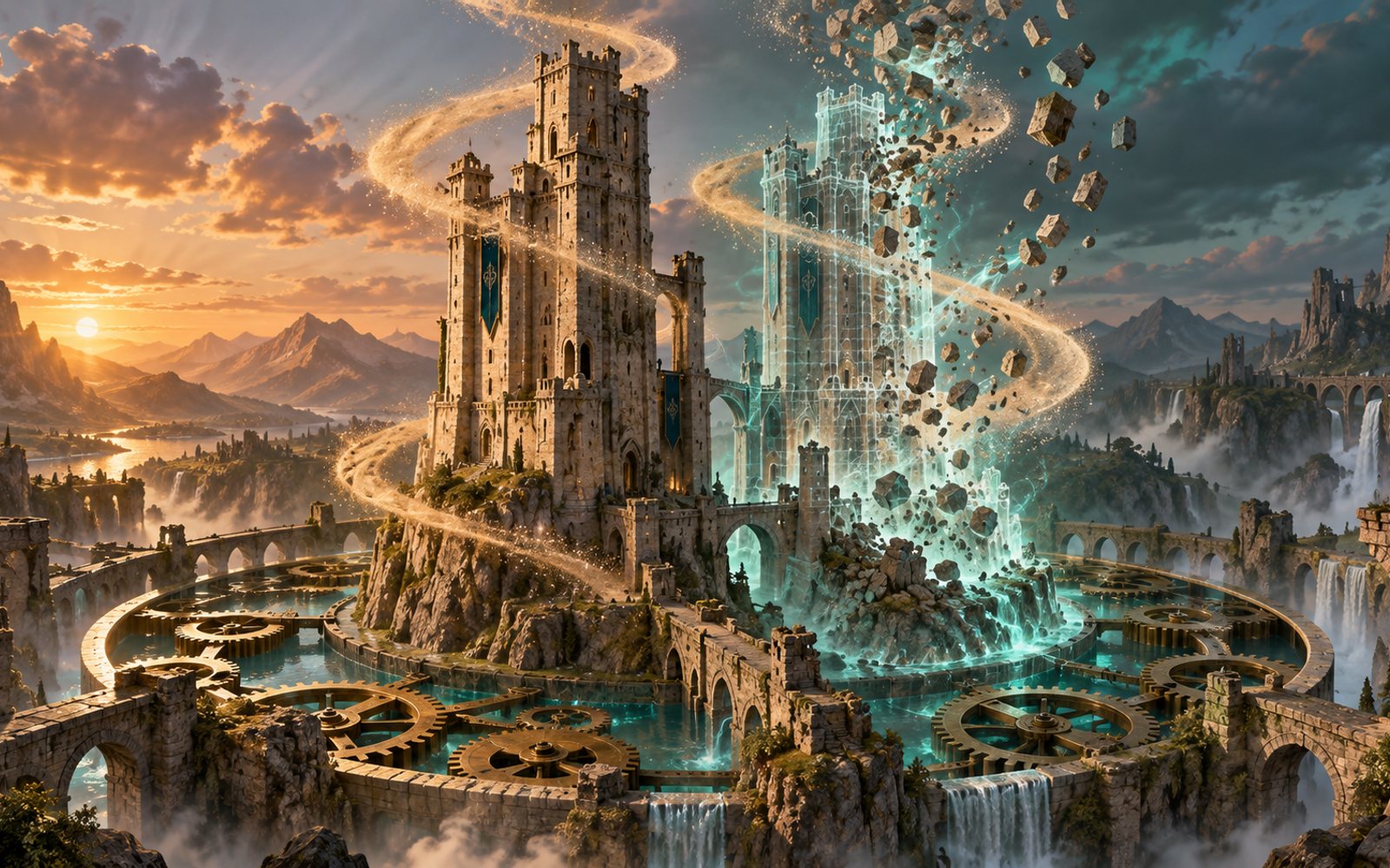 Made With Models illustration of a stone keep beside a translucent ghost-copy rebuilding mid-collapse inside a circular geared moat with sand spiralling upward; this is not a screenshot of the game.
