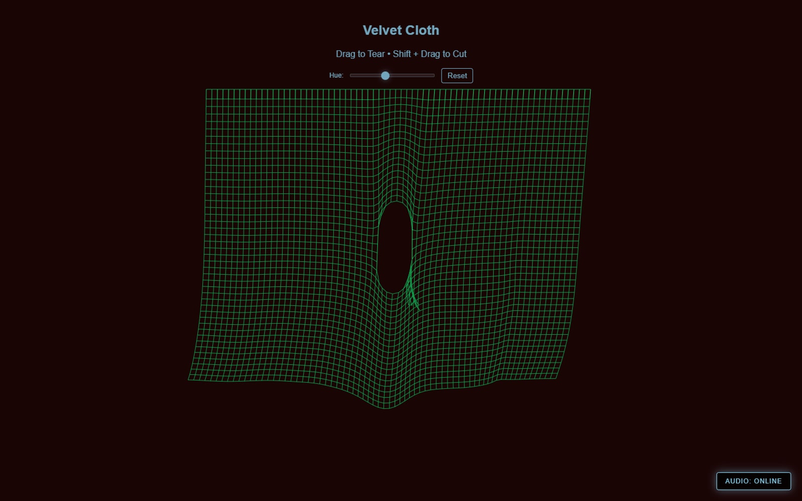 Eric / lastjung's Velvet Cloth simulation after a drag tore an oval hole in the green mesh.