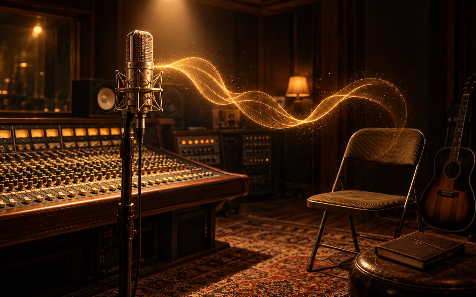 Made With Models illustration of a studio microphone under a warm spotlight beside a vintage console, a soft ribbon of glowing sound curling toward a folding chair; this is not a photo from the session.